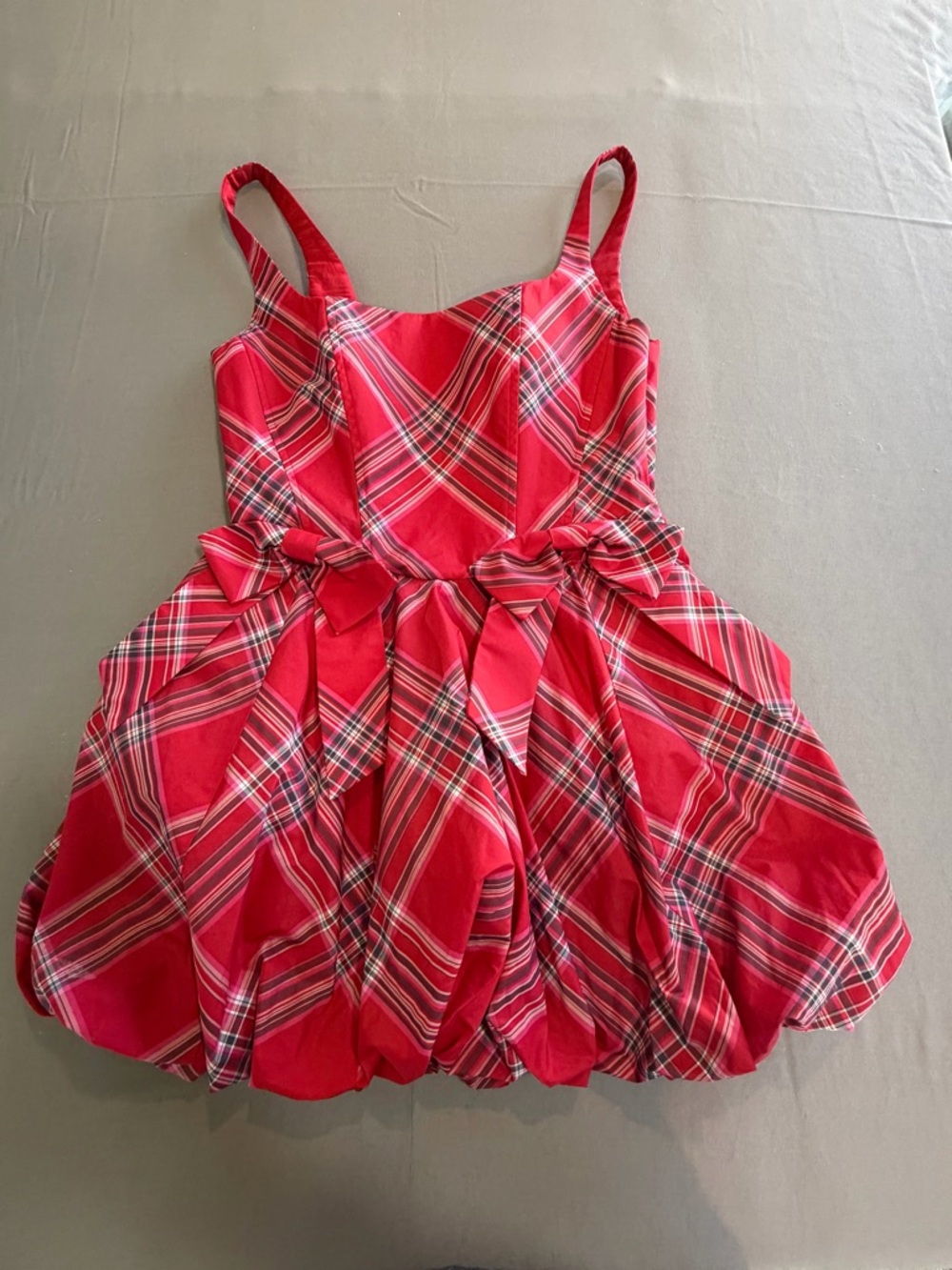 LoveShackFancy Red Satin Lined Dress with Plaid Trim